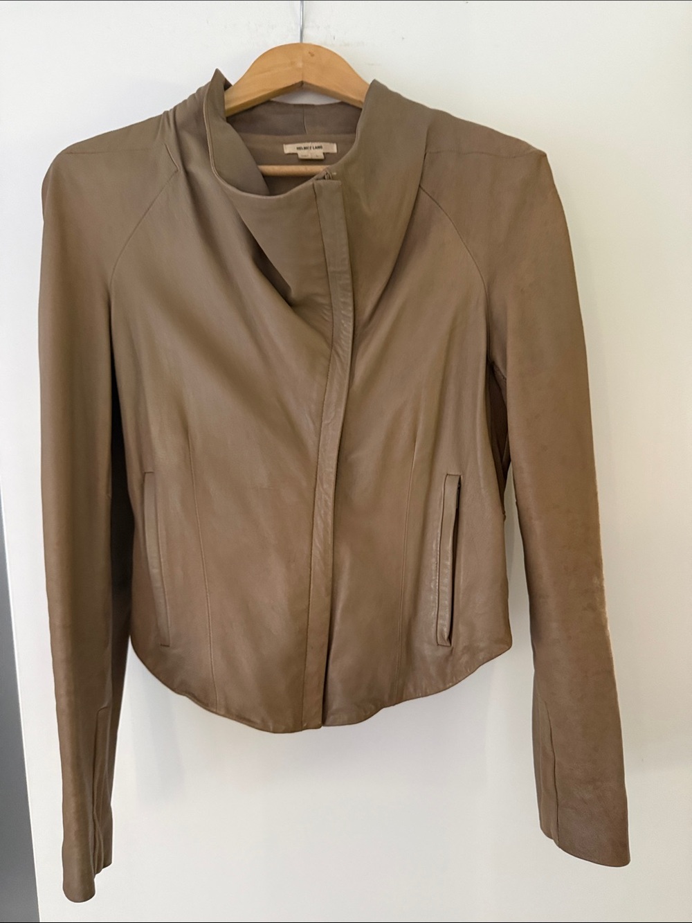 Helmut Lang Camel color Leather Jacket with draped zipper front